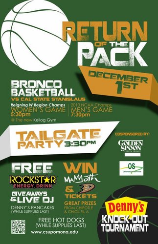 This is the Official Twitter of the Cal Poly Pomona Return of The Pack Promotions team. The game is on december 1st starting at 3pm.