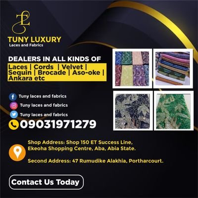 Dealer in all kinds of luxury laces, cords, sequins,velvet,Ankara,aso oke,george, etc.
Hitch free customer service is our priority.
Manager @derasteph