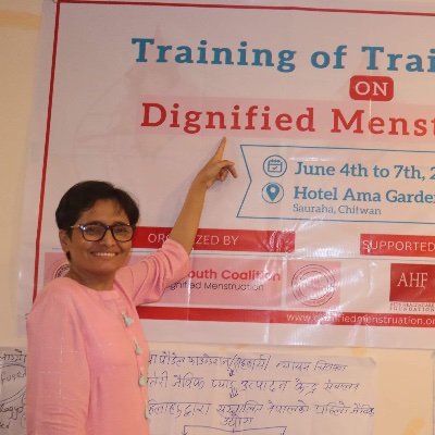 PhD, BN, MDM
Founder: Global South Coalition for Dignified Menstruation, Madan Puraskar 2014, N-Peace Award 2012, Women Peace Maker 2012,#DignifiedMenstruation,