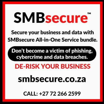 SMBsecureSA's profile picture. The Inexpensive All-in-One Fully Managed Service Bundle for Data Encryption, Device Security, Phishing Defence and Compliance for Small and Medium Businesses.