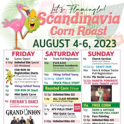 The Scandinavia Corn Roast is put on by the Scandinavia Booster Club. The first year of the festival was 1968. This is a three day event open to the public.