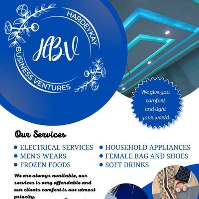 Our services: Electrical services and Installation, Frozen foods, Foodstuffs, Unisex wears, Kitchen and household appliances