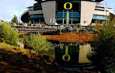 Official home of the University of Oregon Ducks since 1967.  Capacity of 54,000, but that is merely a suggestion. It never rains here and is ear-splitting loud.