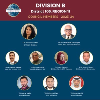 Division B, based in Abu Dhabi, having 3 Areas, namely Area 5, Area 6 and Area 7, Part of District 105, Region 11, Toastmasters International.