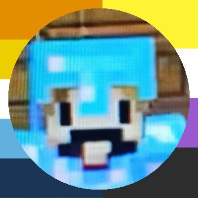 A square containing a picture of Grian's minecraft skin with a mustache and wearing diamond armour. It is bordered with the aro-ace and non-binary flags