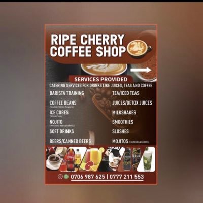 Ripe Cherry Coffee Shop is just one call away. We do Catering Services for drinks like Juices,teas and coffee.We train baristas and sell coffee beans wholesale.