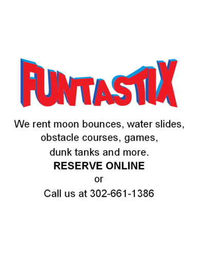 FuntastixNews's profile picture. Moon bounces, water slides, obstacle courses, dunk tanks, train rides, games, cotton candy, popcorn, tents, tables, chairs & much more. We serve DE, MD & PA.