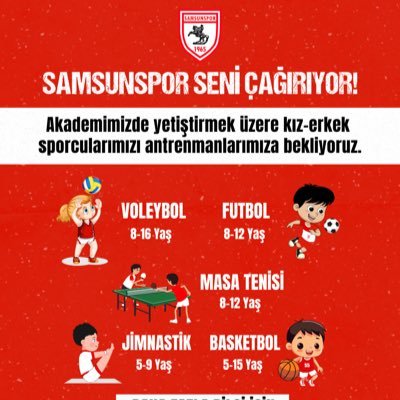 Samsunspor Spor Akademi Resmî Hesabı 5-16 Yaş Arasındaki Kız ve Erkek Öğrenciler İletişim:0549 165 1965