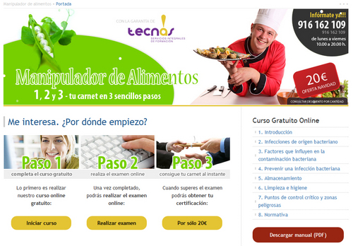 Curso gratuito para la obtención del carnet de manipulador de alimentos. Curso y examen gratis. 100% online. Consigue ya tu carnet sin moverte de casa.