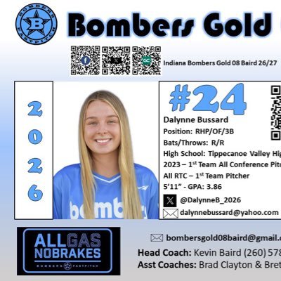 2026 | Indiana Bombers Gold 08 Baird | RHP/OF/3B | #24 | 5’11” | Tippecanoe Valley High School | 2 Sport Athlete dalynnebussard@yahoo.com