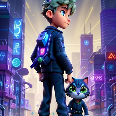 SynthiCompanion's profile picture. Experience 'SynthiCompanions: Robo-Futurescape': NFT art fusing tech and emotion, showcasing a robotic boy and cat's deep bond in a futuristic realm