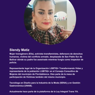 LgbtiqTransvid's profile picture. Activista, transfemimista defensora de derechos humanos, Victima del Conflicto, feminista en construcción! 🏳️‍⚧️🇨🇴🏳️‍🌈🌷💜🙏🏽🩵
