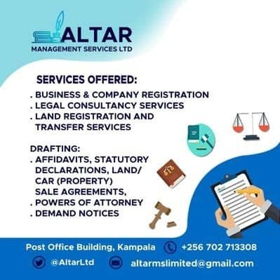 Business & Company Registration Services at affordable Prices & on time in Uganda.
Tel No; +256 702 713308.
Email; altarmslimited@gmail.com