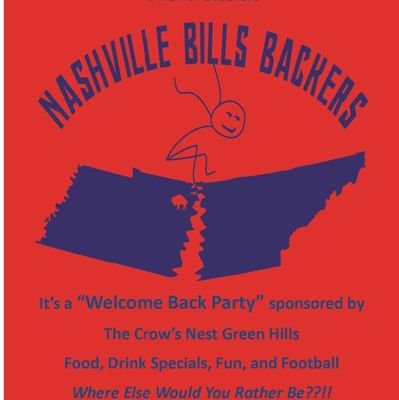 We meet and cheer on the #GoBills on gameday at Crows Nest 2221 Bandywood Dr, Nashville 37215. Run by @JW_bathtubfixr Tweets are mine. @MaryDillon31 is our Prez