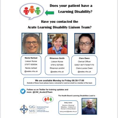 CAV_AcuteLDTeam's profile picture. We are Acute Learning Disability Liaison Nurses in UHW Cardiff. We love making a difference for patients with Learning Disabilities, their families and carers.