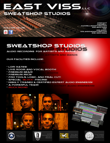 We are a pro audio recording facility working with bands and local artists to bring them to the next level. We also do HD film, art, and marketing.
