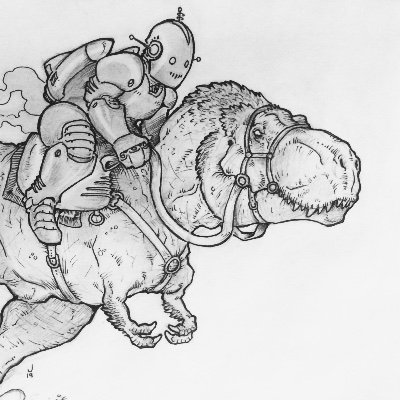 Just an everyday robot, riding on his dinosaur.