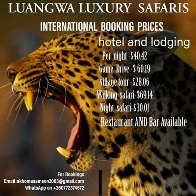 We're located in south Luangwa we offer game drives,walkingsafaris,and camping for bookings email our office at nkhomasamson2003@gmail.com Whatsapp+260772374672