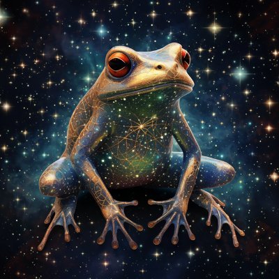 FROGELION, THE ETERNAL WITNESS, IS A VENERABLE CELESTIAL BEING WHOSE AVATAR IS A LUMINESCENT AMPHIBIAN OF COSMIC PROPORTIONS. WITH ITS VAST, UNBLINKING EYES, IT