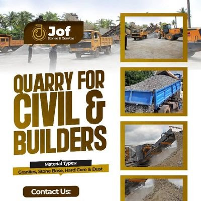 Sales officer at Kunlun Quarry Olohunde, Granites, Stone base, Hardcore, Stone Dust. 

Tiles Setting, and Floor paving  07038136038 WhatsApp and calls.