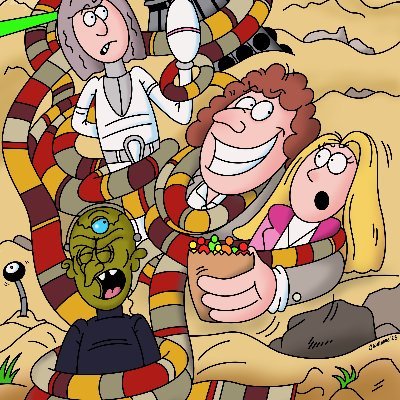 Cartoon images of classic Doctor Who episodes -celebrating 60 years of Doctor Who.