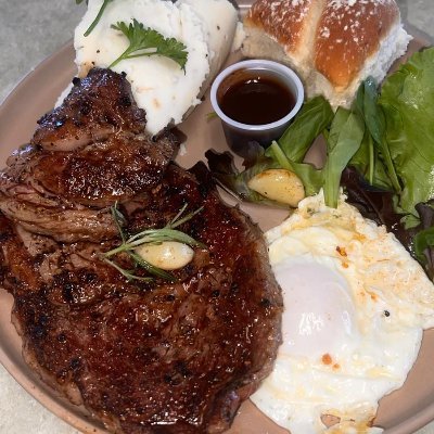 All American style Zabiha Halal ribeye steaks with 3 sides.