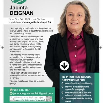 Sinn Féin representative for
Rathmines / Kimmage area covering Crumlin Dublin. . Ag foghlaim Gaeilge go mall. Tá çúpla focal agam. I love reading books.