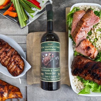 Marinades in Wine Bottles..
(W.C.F.) Wine Country's Finest' Marinades & Cooking Sauces.
Marinades are perhaps the most crucial component to any cookout :⁠^⁠)