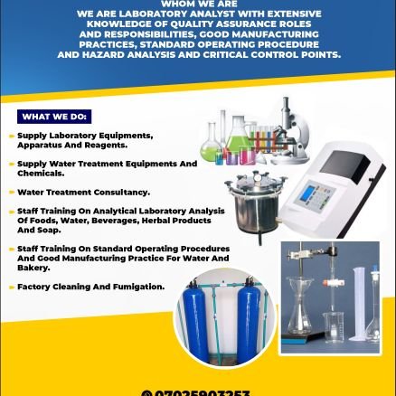 AfeezAfolab's profile picture. General Laboratory services (set up quality control laboratory for food manufacturing company), water treatment specialist, fumigation and cleaning.
