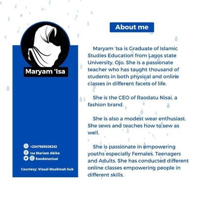 Maryam Isa, Muslimah /B.A(ED)/Educationists/Serial Entrepreneur/Theologist/Teenage counsellor💞💞💞 MD @RaodatuNisai💖💖💖 Lead instructor @RoadatuNisa Academy.