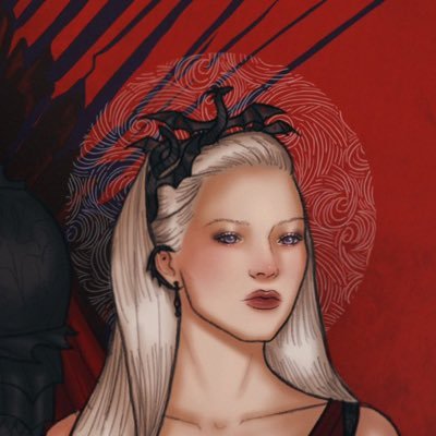 “Queen Rhaenys accompanied him, astride Meraxes of the golden eyes and silver scales”