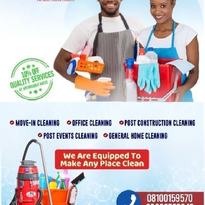 Professional Cleaning Service based in Abuja. Pls DM for business.

° Moving-In Cleaning
° Office Cleaning
° Post Construction Cleaning 
° Post Events Cleaning