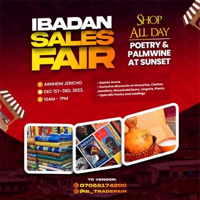 Organiser of Ibadan Sales Fair.
Connecting Ibadan businesses and customers 
Click on the link in BIO to sell at the December 1 - 3 Sales Fair