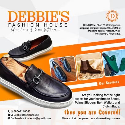 Debbiesfashionhouse is a brand that deals on production and sales of quality handmade shoes, sandals, palms slippers, halfshoes, bags, belts. 
☎️ 08069110543