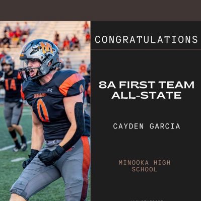 MCHS 24 Football (DE, OLB,TE)6”3 250Lbs (First Team All State, All conference) Track and Field (Discus),(Shot put)CaydenGarcia24@gmail.com NCAA ID #2303818690