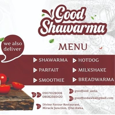 goodfood_NG's profile picture. Awka twitter, ifb 🌯 Shawarma plug in the heart of UNIZIK 🌯 Football lover 🌯 Arsenal Fan❤️ 🌯 DM or WhatsApp ➡️ https://t.co/OXTlHhqw4O