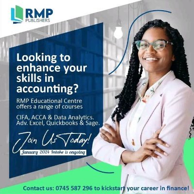 Study and Excell in your professional courses with RMP Digital College.
CPA,CFFE, ATD, CIFA,ACCA and Data Analytics.0745587296