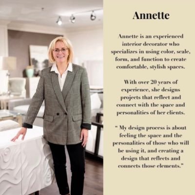 Interior Decorator- helping you with all your design and furniture needs. Find Me @Gallery1furniture @annettes_interiors_