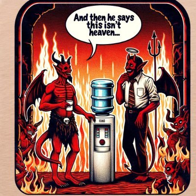 AI generated images all with the theme of 2 demons hanging by the water cooler in hell talking about their day.