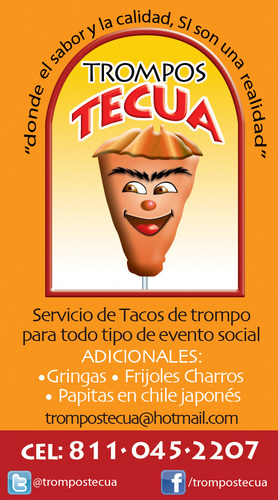 Trompos Tecua se fundó a mediados del año 2009 con la idea de llevar a sus reuniones lo mejor en tacos de trompo, cel.811-045-2207 ID. 52*47663*56 tel.8063-3701