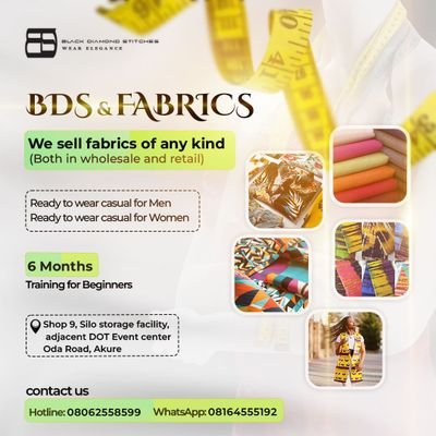 Oluwatosin43820's profile picture. BDS and Fabrics is a known brand in Akure and it's environ
We sell all kinds of fabrics for ready to wear,owanbe and dinners
We also make unisex casuals!