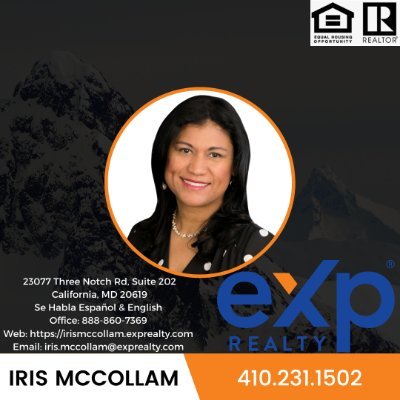 I am a Realtor with eXp Realty. 23077 Three Notch Rd, Suite 202 California MD 20619 C: 4102-231-1502 O: (888)860-7369 Email: iris.mccollam@exprealty.com