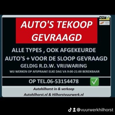 auto’s te koop gevraagd / ook afgekeurde auto’s en voor de sloop gevraagd, uitsluitend op afspraak, elke dag va 9:00-21:00 📞06-53154478.