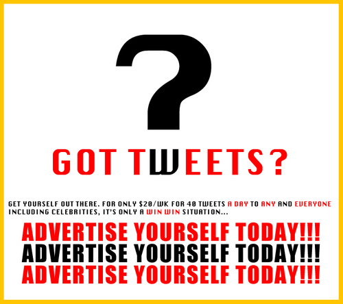We tweet to anyone and everyone…want your brand or business advertised? Are you looking to Grow your followers? Email us @: tweettoanyone@gmail.com