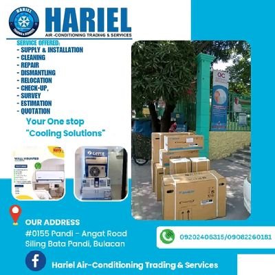 Hariel Air-Conditoning Trading & Services
For more inquiries pleas contact us on
Email:  harielairconditioningtradingse@gmail.com
09917609930