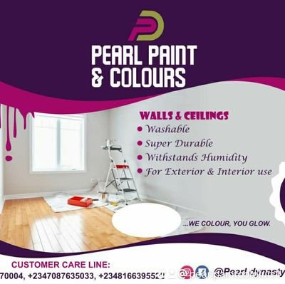 Welcome to Pearl Paint & Colours.
A paint manufacturing company based in Nigeria!
We Colour You Glow.
Location: Port harcourt.
Delivery: Nationwide.