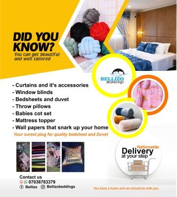 Bellizo Beddings & Interiors 
Quality Curtains & Accessories | Window Blinds | Bedsheets | Throwpillows | Baby Cots | Mattress Toppers | Wall Papers 07036783379