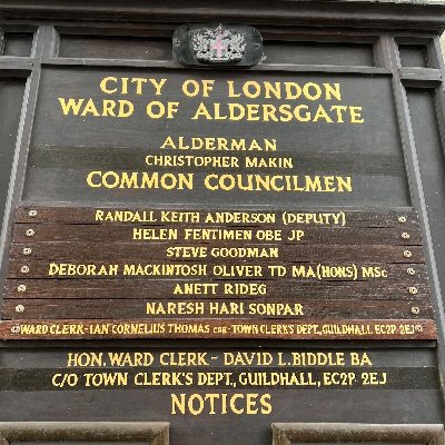 Aldersgate Ward City of London. Alderman Christopher Makin & Councillors Randall Anderson Helen Fentimen Steve Goodman Deborah Oliver Anett Rideg Naresh Sonpar