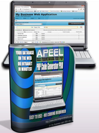 Apeel PHP Code Generator Pro is the easy way to put your MySQL Database online - it generates high quality Ajax PHP Web Applications in Object Oriented Code.