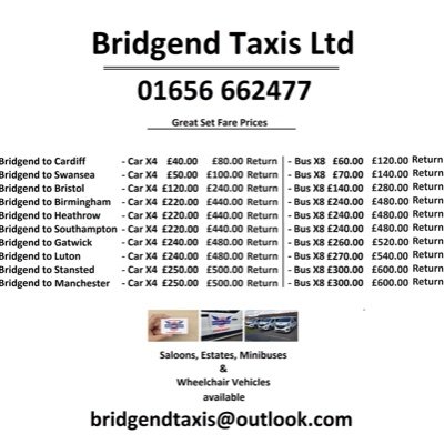 Taxi company serving all Glamorgan area 
Express airport transfers

Call 01656 662477
bridgendtaxis@outlook.com